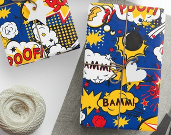 Super Hero Wrapping Paper, Super Hero Gift Wrap, Boom Pow, Comic Wrapping Paper, Comic Gift Wrap, Gift Wrap For Kids, Birthday Gift Wrap
