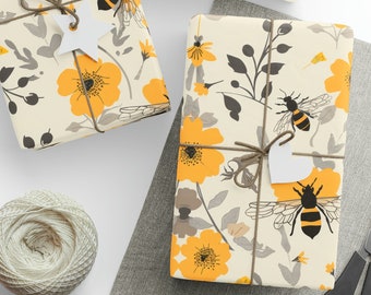 Yellow Bee Wrapping Paper, Yellow Floral Wrapping Paper, Yellow Wrapping Paper, Bee Gift Wrap, Floral Gift Wrap, Bee Lover, Yellow Gift Wrap