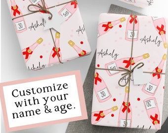 Custom Birthday Wrap Paper, Personalized Birthday Wrapping Paper, 30th Birthday, 21st Birthday, 40th Birthday for Her, Champagne Gift Wrap