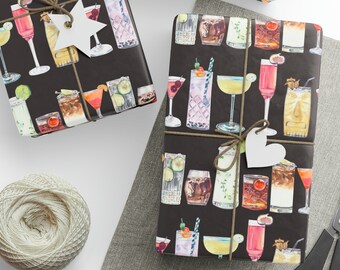 Black Cocktail Wrapping Paper, Drink Gift Wrap, Black Wrapping Paper, 21st Birthday Gift Wrap, 21st Bday, Cocktail Gift Wrap, Happy Hour