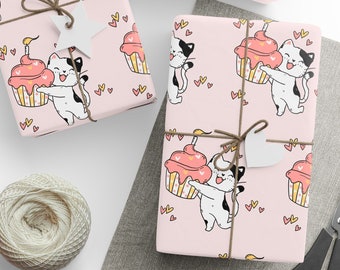 Cupcake Cat Birthday Wrapping Paper, Cat Wrapping Paper, Cat Gift Wrap, Birthday Wrapping Paper For Her, Cute Cat Wrapping Paper
