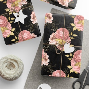 Pink Rose Black Wrapping Paper, Rose Wrapping Paper, Pink Rose Gift Wrap, Mother&#39;s Day Wrapping Paper, Mother&#39;s Day Gift Wrap, Gift For Her