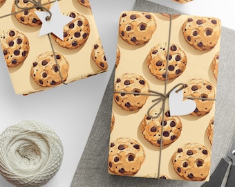 May include: Three gift boxes wrapped in brown paper with a pattern of chocolate chip cookies. The boxes are tied with twine and have white paper stars and hearts attached.