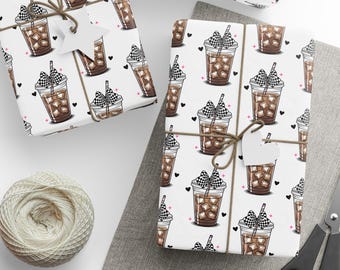 Iced Coffee Wrapping Paper, Retro Gift Wrap Roll, Checkerboard Bow Design, Fun Coquette Aesthetic, Birthday Gift Wrap, Party Supplies