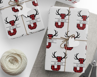 Personalized Christmas Wrapping Paper, Custom Christmas Gift Wrap, Plaid Christmas, Deer Christmas Gift, Name on Wrapping Paper