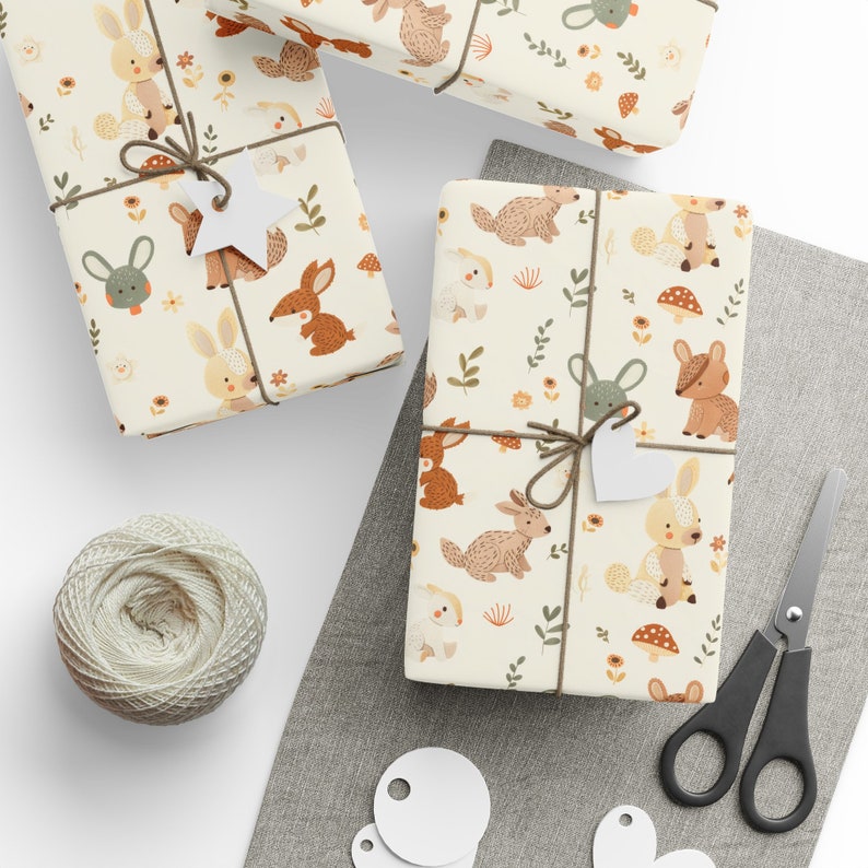 Woodland Animals Baby Shower Wrapping Paper, Neutral Baby Shower Gift Wrap, Cute Baby Gift, Baby Girl, Baby Boy, Boho Baby, Baby Animals image 3