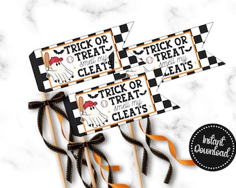 Ausdruckbare Geschenkanhänger mit Baseballmotiven für Halloween, Baseball-Halloweenflaggen, Baseball-Gastgeschenke für Halloween, Anhänger für Snacktüten mit Baseballteam-Motiven