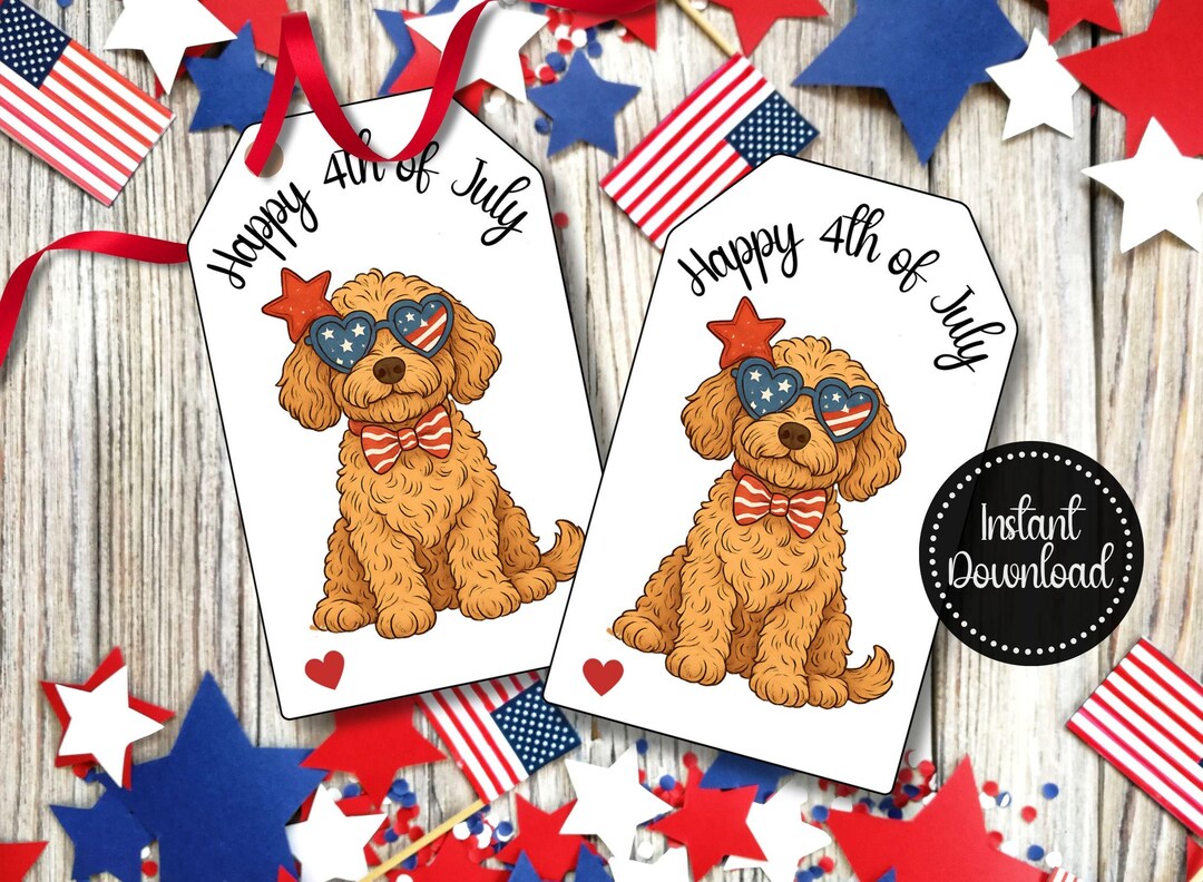 Golden Doodle 4th of July Printable Gift Tags, Cute 4th of July Gift ...