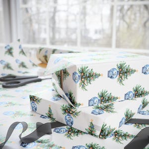 Blue Chinoiserie Christmas Wrapping Paper, Blue Deft Christmas Wrapping Paper, Chinoiserie Christmas Tree, Elegant Christmas Gift Wrap image 2
