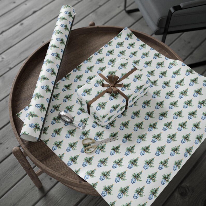 Blue Chinoiserie Christmas Wrapping Paper, Blue Deft Christmas Wrapping Paper, Chinoiserie Christmas Tree, Elegant Christmas Gift Wrap image 4