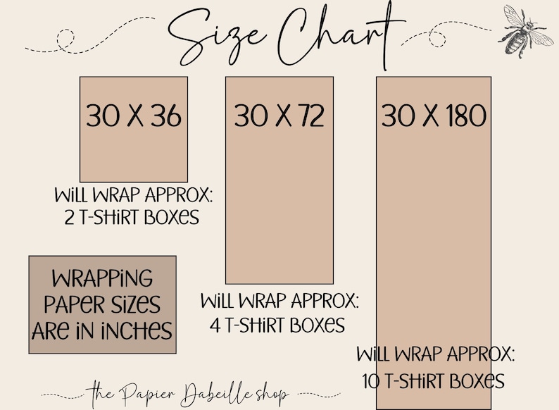 May include: Size chart for wrapping paper, showing three different sizes: 30 x 36 inches, 30 x 72 inches, and 30 x 180 inches. Each size indicates the approximate number of t-shirt boxes it can wrap.