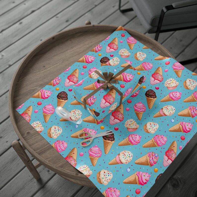 Ice Cream Cone Wrapping Paper, Birthday Wrapping Paper, Birthday Gift Wrap, Ice Cream Cones, Blue Gift Wrap, Birthday Party, Ice Cream image 5