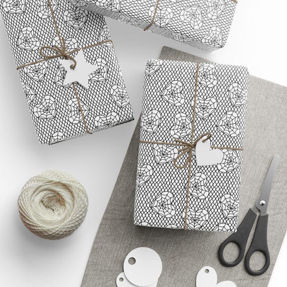 Spiderweb Wrapping Paper, Cute Spiderweb Heart Halloween Wrapping Paper, Halloween Goth Gift Wrap, Black and White Halloween Wrapping Paper