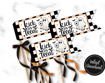 Etiquetas de regalo imprimibles de fútbol para Halloween, banderas de fútbol para Halloween, regalos de fútbol para Halloween, etiquetas de regalo de patadas o dulces para equipos de fútbol