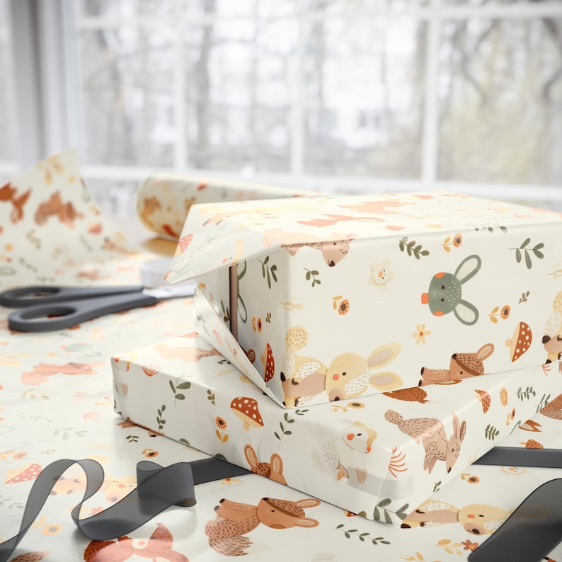 Woodland Animals Baby Shower Wrapping Paper, Neutral Baby Shower Gift Wrap, Cute Baby Gift, Baby Girl, Baby Boy, Boho Baby, Baby Animals image 2