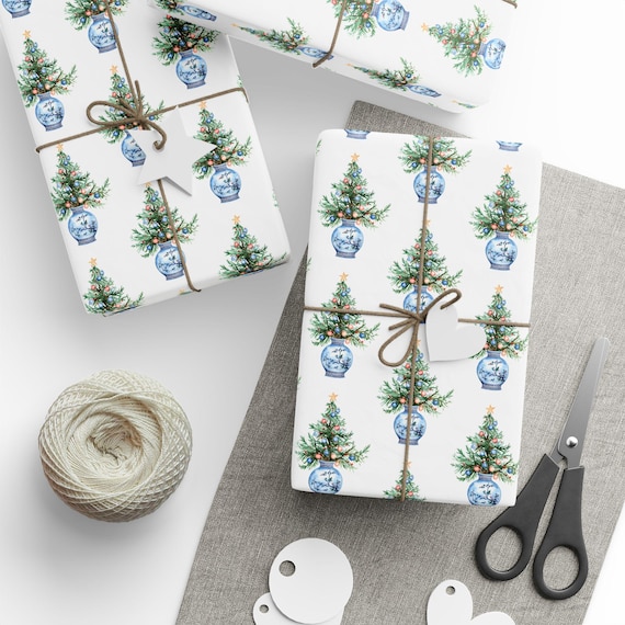 Blue Chinoiserie Christmas Wrapping Paper, Blue Deft Christmas Wrapping Paper, Chinoiserie Christmas Tree, Elegant Christmas Gift Wrap