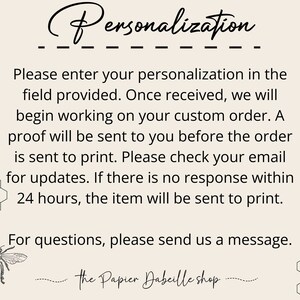 May include: Cream-colored graphic with the word "Personalization" in elegant script. Text below details the custom order process, including proofing and email updates. A bee illustration and shop name are at the bottom.