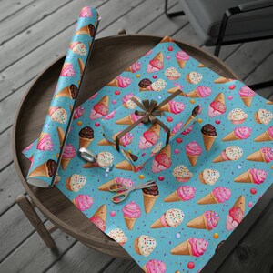 Ice Cream Cone Wrapping Paper, Birthday Wrapping Paper, Birthday Gift Wrap, Ice Cream Cones, Blue Gift Wrap, Birthday Party, Ice Cream image 3