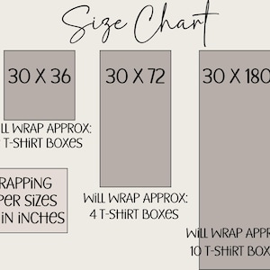 Pu&ograve; includere: Una tabella delle taglie con il titolo "Size Chart" in corsivo. Il grafico mostra tre forme rettangolari con dimensioni di 76 x 91 cm, 76 x 183 cm e 76 x 457 cm. Il grafico indica anche il numero approssimativo di scatole di magliette che ogni dimensione pu&ograve; avvolgere.