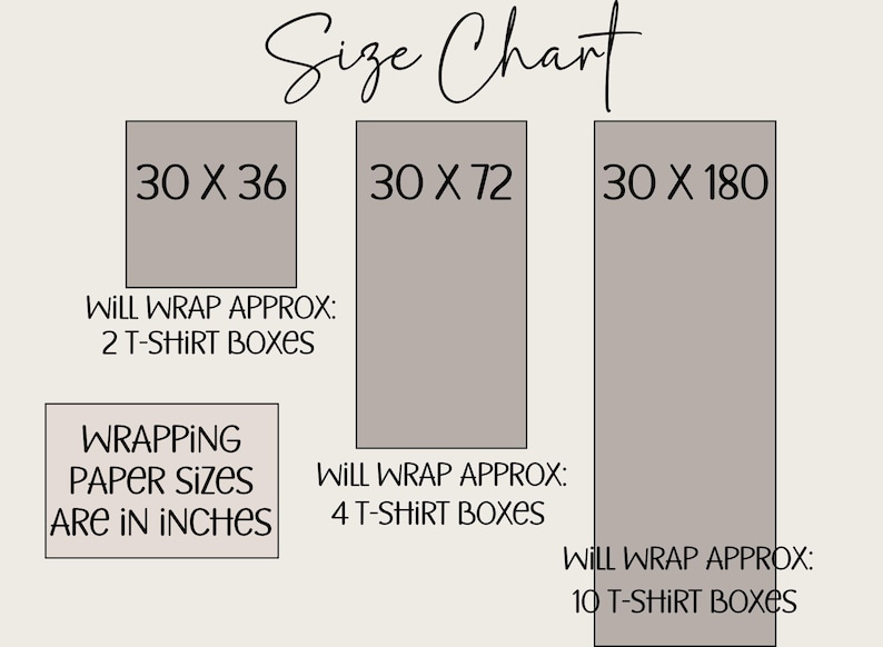 Pu&ograve; includere: Una tabella delle taglie con il titolo "Size Chart" in corsivo. Il grafico mostra tre forme rettangolari con dimensioni di 76 x 91 cm, 76 x 183 cm e 76 x 457 cm. Il grafico indica anche il numero approssimativo di scatole di magliette che ogni dimensione pu&ograve; avvolgere.