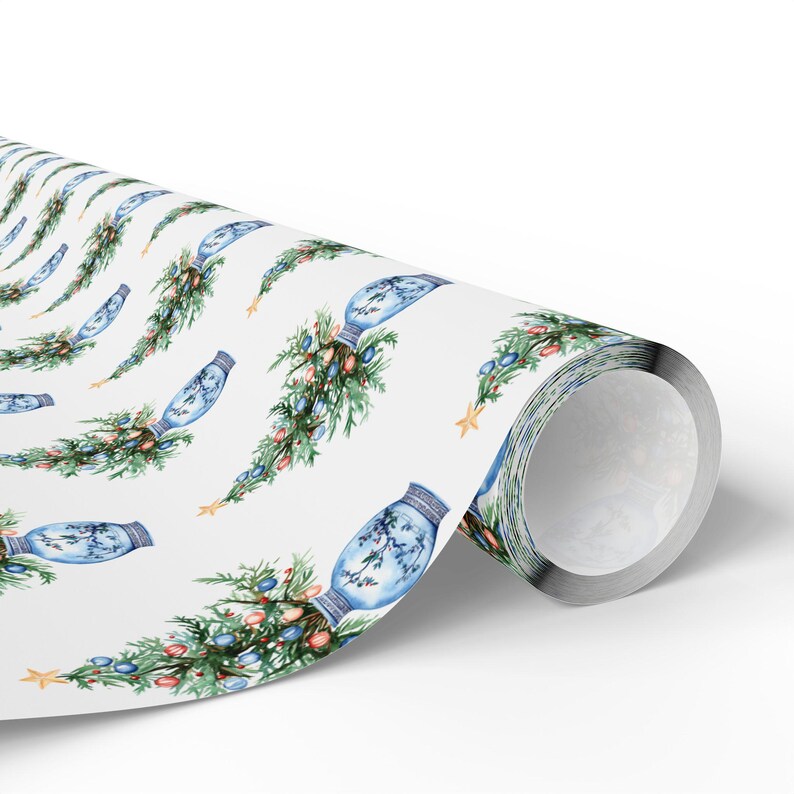 Blue Chinoiserie Christmas Wrapping Paper, Blue Deft Christmas Wrapping Paper, Chinoiserie Christmas Tree, Elegant Christmas Gift Wrap image 3