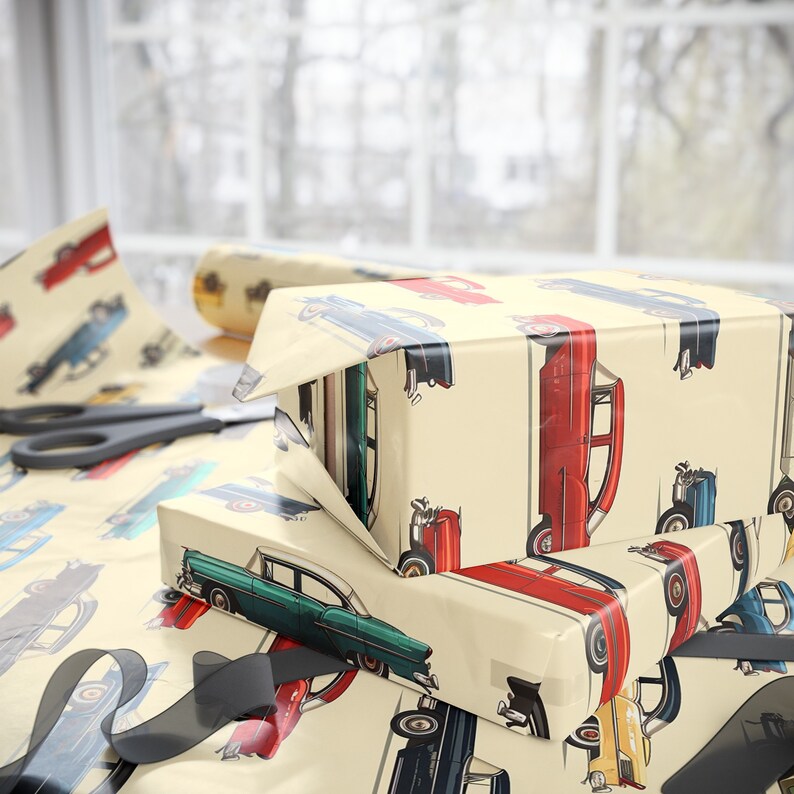 Vintage Cars Wrapping Paper, Vintage Car Gift Wrap, Father's Day Wrapping Paper, Gift For Him, Classic Car Wrapping Paper, Classic Cars image 2