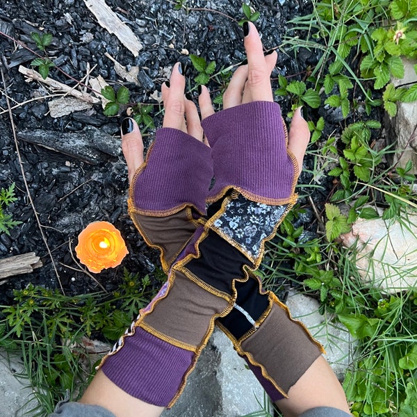 Mori Kei Patchwork Grunge fairy arm warmers plum purple black brown stripes witchy