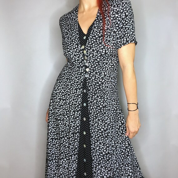 Vintage 90s Black AND white DITSY MAxi DRess