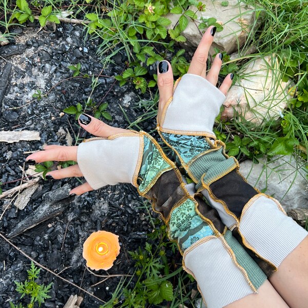 Mori Kei Patchwork Grunge fairy arm warmers beige browns greens forest fae