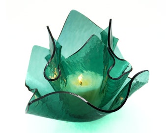 Sea Green Cathedral Rough Rolled Vase Dish Set | Spring Rain Candle | 25 Hour Burn Time | Color Free Candle