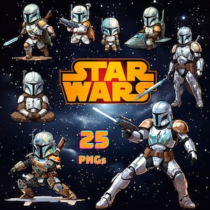 Space Wars Mandalorian Clipart Bundle, süße Charaktere, Chibi Clipart, Instant Download, kommerzielle Nutzung