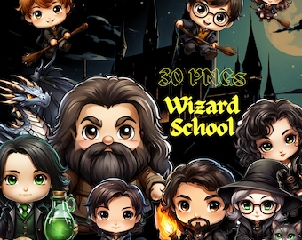 Magic Wizard School Clipart Bundle, 30 wysokiej jakości obrazów PNG, urocze postacie, chibi, natychmiastowe pobieranie, wykorzystanie komercyjne