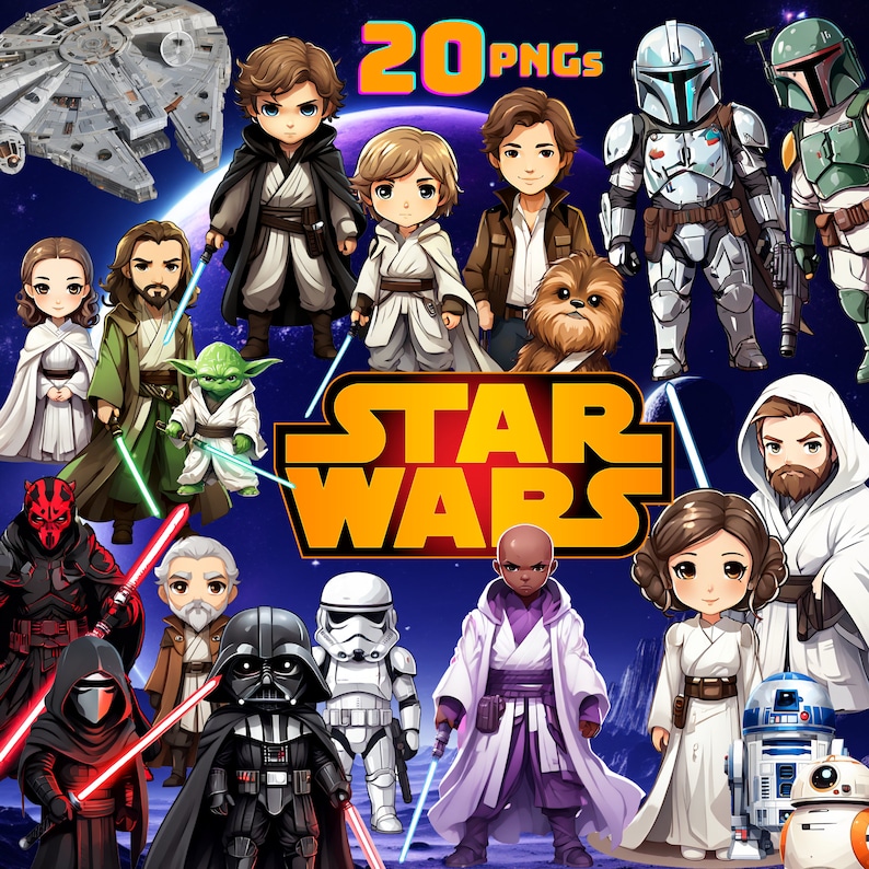 Star Wars Clipart PNG Bundle, Cute Star Wars Stickers, Space Wars Party ...