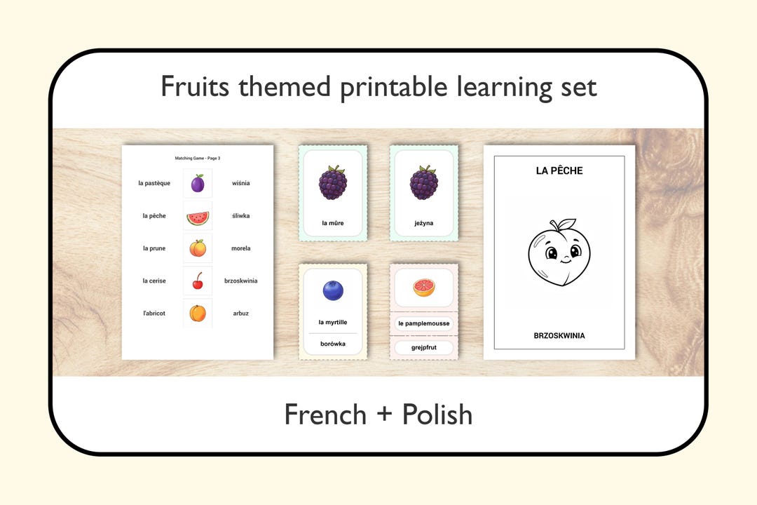 Printable Fruits Learning Set, French + Polish. 40 Kids Vocabulary ...