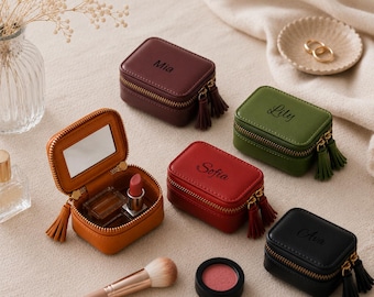 Personalisiertes Leder Lippenstift Etui mit Spiegel, Mini Reise Schmuckschatulle mit Gravur, Kosmetiktasche, Brautjungfer Geschenk, Geschenk für Er