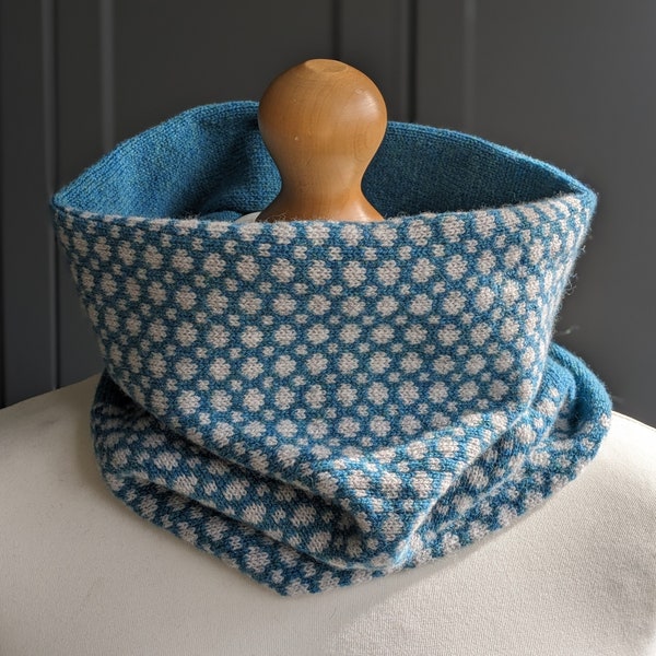 Lambswool knitted Fair Isle cowl in dots and spots design - petrol blue with grey spots
