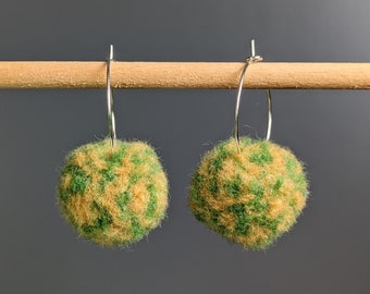 Pom pom earrings green and golden yellow