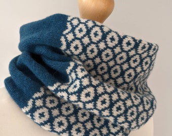 Lambswool knitted Fair Isle cowl in tile design - dark blue and white