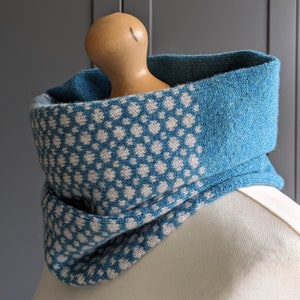 Lambswool knitted Fair Isle cowl in dots and spots design petrol blue with grey spots image 2