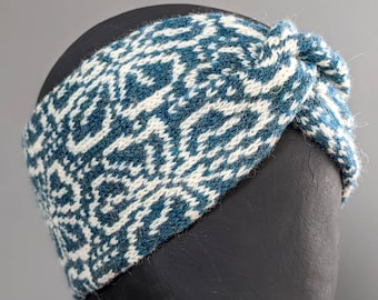 British wool knitted earwarmer headband cream flowers on kingfisher blue