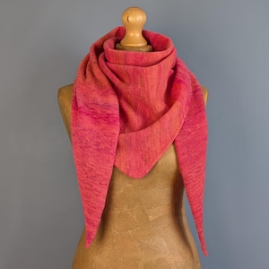 Merino wool knitted triangle scarf shawl made from hand dyed yarn in sunset colours