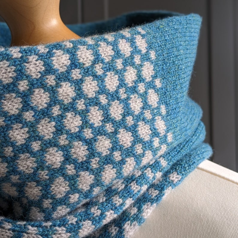 Lambswool knitted Fair Isle cowl in dots and spots design petrol blue with grey spots image 4