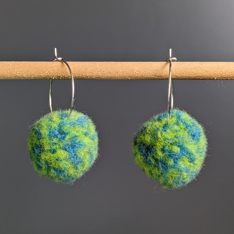 Pom pom earrings lime green and blue image 1