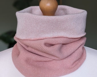 Reversible merino wool snood pale pastel pink and ecru