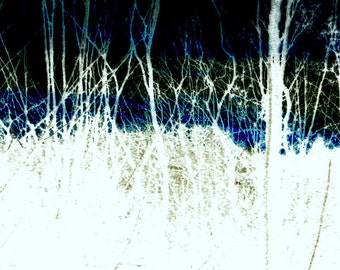 Through Branches III, Print. Etched Feel, Bands of Electric Blue Highlights Streaked with Yellow, Free Domestic Shipping