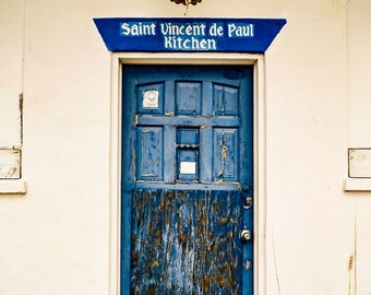 Saint Vincent's Door I, Print. Sarasota Architecture, Blue-Violet, Old World Catholic Charities Kitchen, Entrance