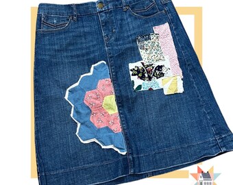 Quilt Applique Denim Skirt, size 8