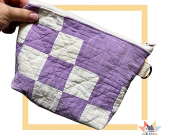 Vintage Purple & White Quilt Zipper Pouch, Fully Lined