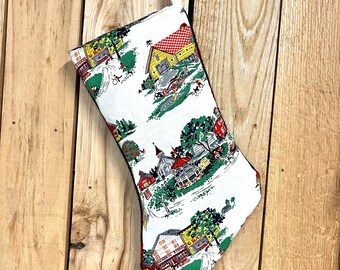 Vintage Fabric Village Scenes Christmas Stocking