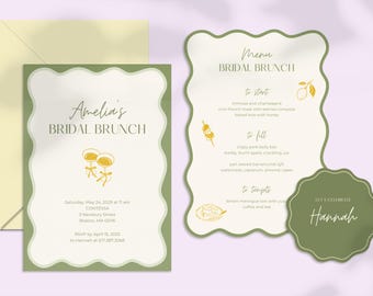 Wave Bridal Shower Invitation & Menu Template with Illustrations. Bachelorette Party Instant Download Printable Card.